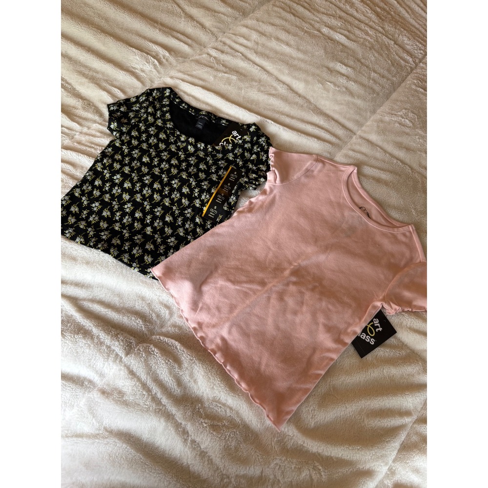 Art Class Girls Size S 6/7 T-Shirt Bundle Pink Lettuce Edge Black Floral Ribbed